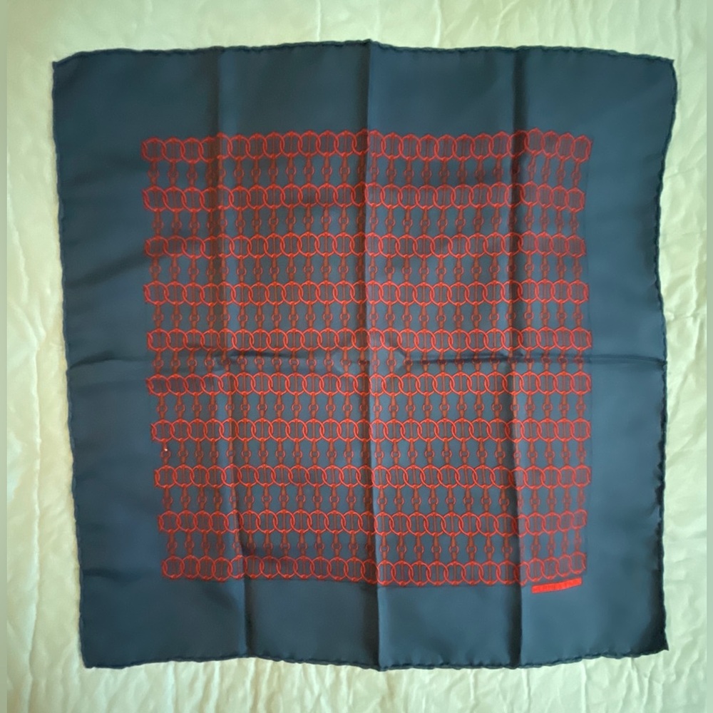 Hermès Navy and Red 100% Silk Pocket Square Bandana Scarf